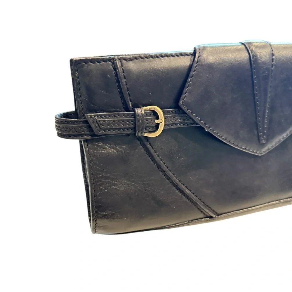 Via Spiga Leather Black Clutch with Gold Hardware.